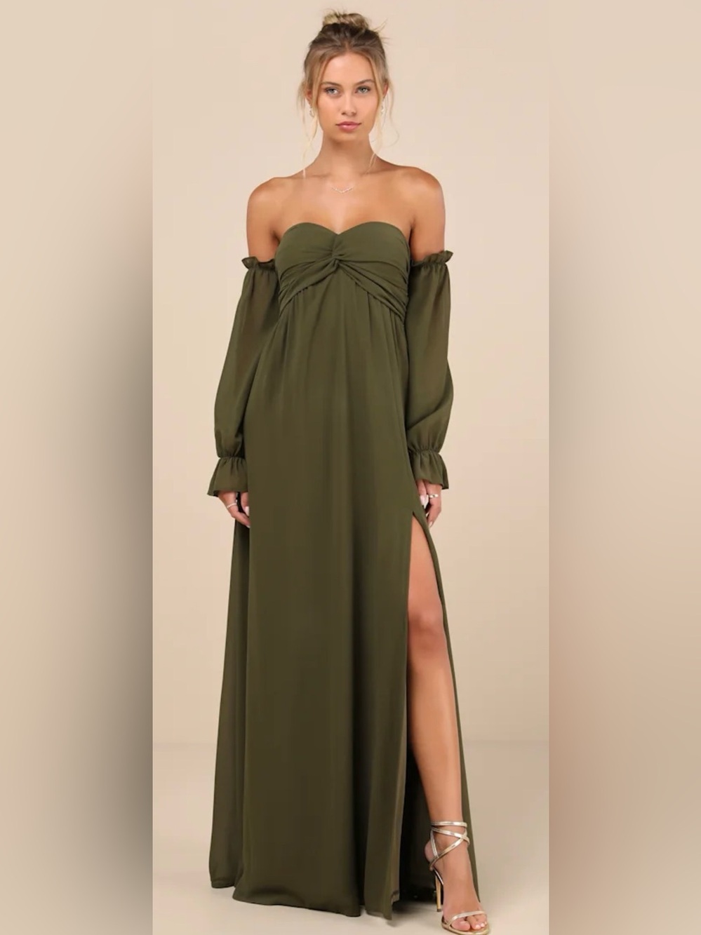 Lulus Glorious Invite Olive Green Maxi Dress Over Shoulder Ruffled Dress NWT M